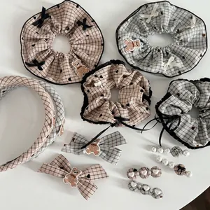 Sweet plaid bear hair accessories set including scrunchies, headbands, and bow clips