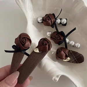 British rose hair clip set in brown with pearls and bowknots for women accessory