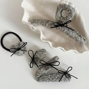 Set di Mollette per Capelli con Fiocco in Tweed Francese Elegante Grigio Nero Tessuto Fermacapelli Elastico Donna Accessori