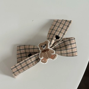 Sweet plaid bow hair clip with a cute brown bear embroidery in a vintage khaki style