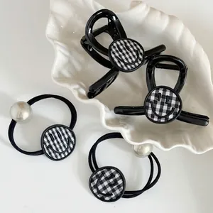 Britischer Stil Kariert Smiley Gesicht Haarkralle Und Künstliche Perle Haargummi Set Minimalistisch Plaid Mode Haarschmuck Für Damen