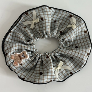 Sweet plaid scrunchie with bear patch and white bows, vintage style hair accessory