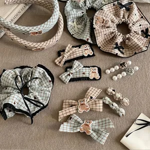 Vintage Plaid Bear Hair Accessories Set Checkered Bow Hair Clip Artificial Pearl Headband Heart Print Scrunchie For Women
