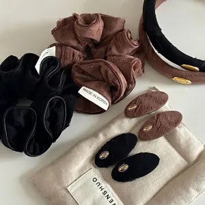 Wasteland Style Retro Fabric Hair Accessories Distressed Frayed Handmade Headband Scrunchie Metal Gold Label Hair Clips For Women