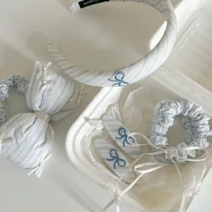 Women Sweet Blue White Striped Bow Hair Clip Ribbon Hair Ring Set Fresh Fashion Handmade Cloth Hair Accessories