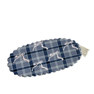 Sweet blue and white checkered oval hair clip with pink bow design for girls