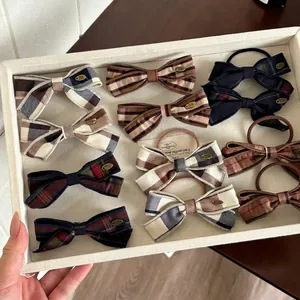 Vintage Plaid Bow Hair Clip Hair Tie Handmade Metal Tag Checkered Fabric Commuter Style Hair Accessories For Women