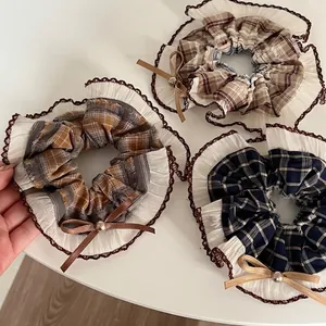 Vintage Plaid Lace Scrunchie Bow Fabric Hair Tie With Artificial Pearl Checkered Ponytail Holder For Women Daily Styling