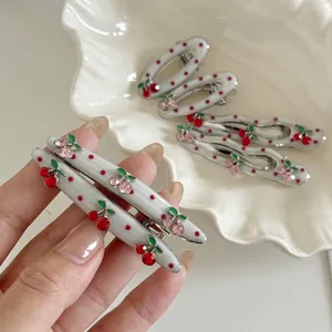 Sweet cherry pattern hair clips with red polka dots and crystal accents for women