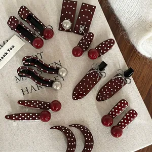 Vintage Wine Red Polka Dot Hair Clip Retro Resin Metal Alloy Bangs Side Clip With Red Artificial Pearl Bow Sweet Hair Accessories For Women