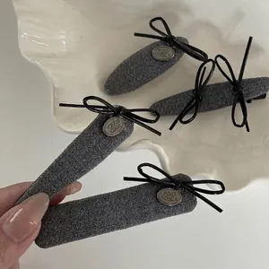 Korean Style Fabric Bow Hair Clip For Women Grey Suit Fabric Hairpin With Metal Tag Elegant Duckbill Clip Hair Accessories
