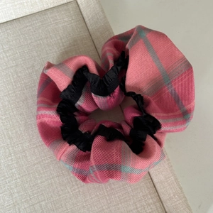 Pink plaid oversized scrunchie with black ruffled edges for girls hair styling accessories