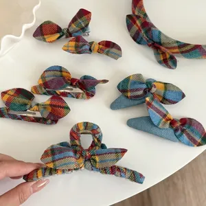 Sweet yellow and blue plaid hair accessories set including headband and bow hair clips