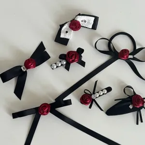 French Vintage Black Ribbon Bow Red Rose Hair Clip With Artificial Pearl Rhinestone Elegant Gothic Hair Accessories For Women