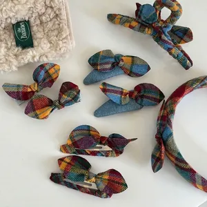 Vintage Plaid Fabric Bow Headband Claw Clip Side Hair Clip Sweet Scottish Check Pattern Hair Accessories For Women Girl Jewelry