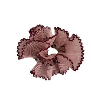 Pink double-layer lace scrunchie with burgundy edges and subtle leopard print detail