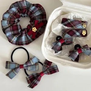 Ensemble de Pinces à Cheveux à Nœud Écossais Vintage Preppy Rouge Bleu Carreaux Nœud Griffe à Cheveux pour Femme Bijoux