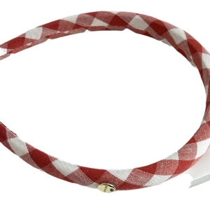 Vintage red gingham headband with a stylish double-layered bow and golden metallic detail