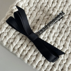 French vintage black satin bow hair clip with sparkling grey rhinestones for women
