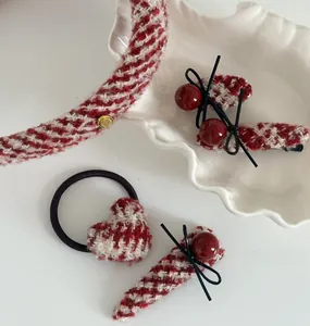 French vintage red plaid tweed headband set with pearl hair clips and heart hair tie