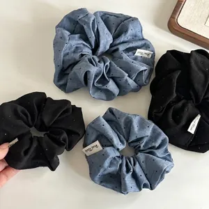 Polka dot denim blue and black scrunchie set with hand made labels and sequins