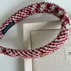 French vintage red and white tweed padded headband with gold logo and handmade label