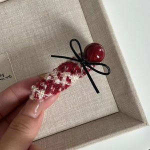 French vintage red tweed checkered hair clip with black bow and red pearl detail
