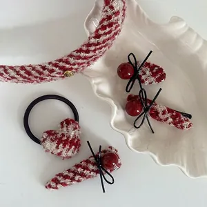 French Vintage Red White Plaid Tweed Hair Clips Headband Set Retro Geometric Ribbon Bow Hair Accessories For Women Daily Party