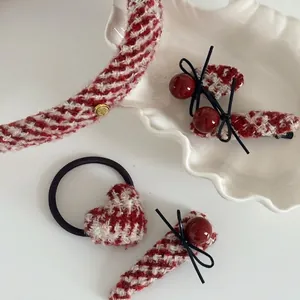 Red plaid tweed hair accessory set with headband, heart scrunchie and pearl hair clips