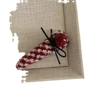 French vintage red tweed hair clip with black bow and elegant pearl bead detail