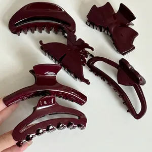 French Acetate Large Burgundy Red Hair Claw Clip Butterfly Bow Heart Glossy Shark Clip Hair Accessories For Women