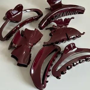 French style burgundy acetate hair claw clips set in heart and butterfly shapes