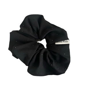 Handmade black scrunchie with silver rhinestones and woven label for ponytail hairstyles