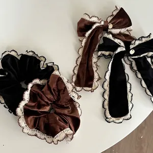 Barrette à Cheveux Nœud en Velours et Dentelle Rétro Français Élégant Chouchou pour Femme Accessoire de Cheveux Mode