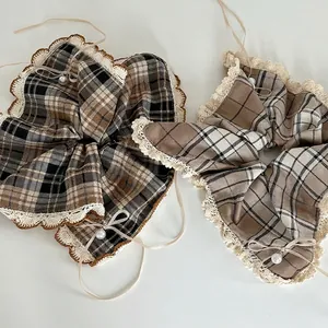 Vintage Plaid Lace Bow Scrunchie With Artificial Pearl Cotton Blend Large Hair Tie French Style Women Elegant Hair Accessories