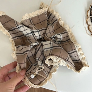 Brown plaid hair scrunchie with lace trim and elegant pearl pendant accessory