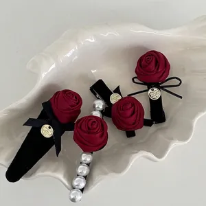 Pince à Cheveux Rose Rouge Rétro Français pour Femmes Tissu Satiné Fleur Künstliche Perle Pince Bec de Canard Élégant Accessoire Cheveux