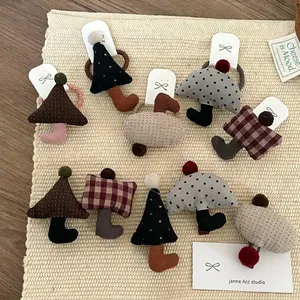Handmade 3D Umbrella Mushroom Hair Clip Hair Rope Set Fabric Polka Dot Checkered Hair Accessories For Girls Women