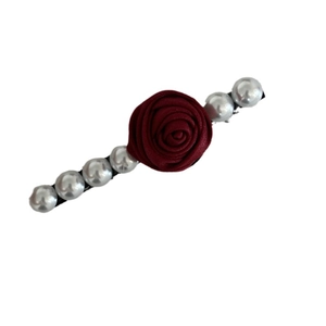 Barrette à cheveux rose rouge vintage française avec perles gris argenté sur pince noire