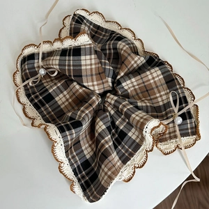 Vintage brown plaid hair scrunchie set with lace trim and elegant pearl bow accents
