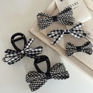 French Vintage Plaid Bow Hair Clip Black White Gingham Shark Clip Fabric Bow Duckbill Clip For Women Daily Hair Accessories