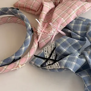 Sweet Plaid Bow Hair Accessories For Women Handmade Fabric Headband And Plaid Hair Tie With Artificial Pearl Lace Trim