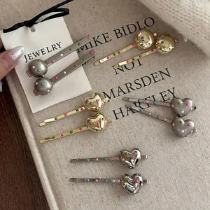 Barrettes à cheveux en métal émaillé à pois, formes cœur et sphère sur toile de jute