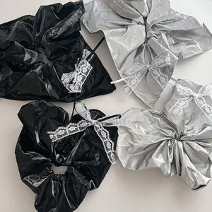 Fashion PU Leather Metallic Scrunchie With White Lace Bowknot For Women Shiny Elastic Large Hair Tie Headwear Accessories