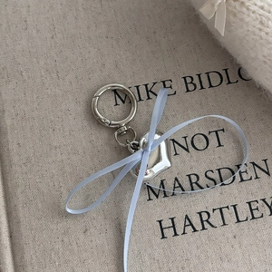 Detailed close-up of a polished silver heart pendant keychain with a light blue ribbon bow