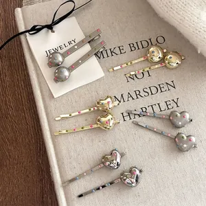 Pince à Cheveux en Alliage à Pois Colorés Émail Cœur Balle Décoration Or Argent Barrette Métallique pour Femme Accessoires