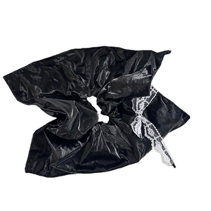 Elegant large black satin scrunchie with white floral lace bow for ballet core style