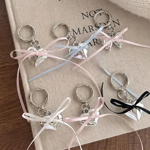 Silver Metal Heart Bow Keychain For Bag Sweet Satin Ribbon Charm Bowknot Pendant Keyring For Women Accessories