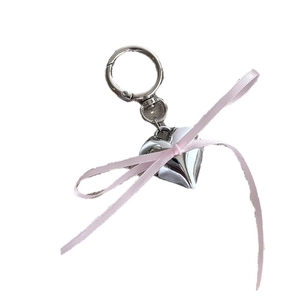 Silver heart pendant keychain with sweet pink ribbon bow for handbags and accessories
