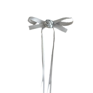 Barrette à cheveux nœud gris style ballet avec rose et longs rubans élégants